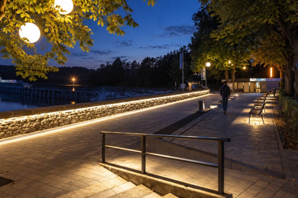 Lichtkonzept für die Möhnetalsperre mit übergeordnetem Masterplan und Lichtentwurf für Rampe und Vorplatz.